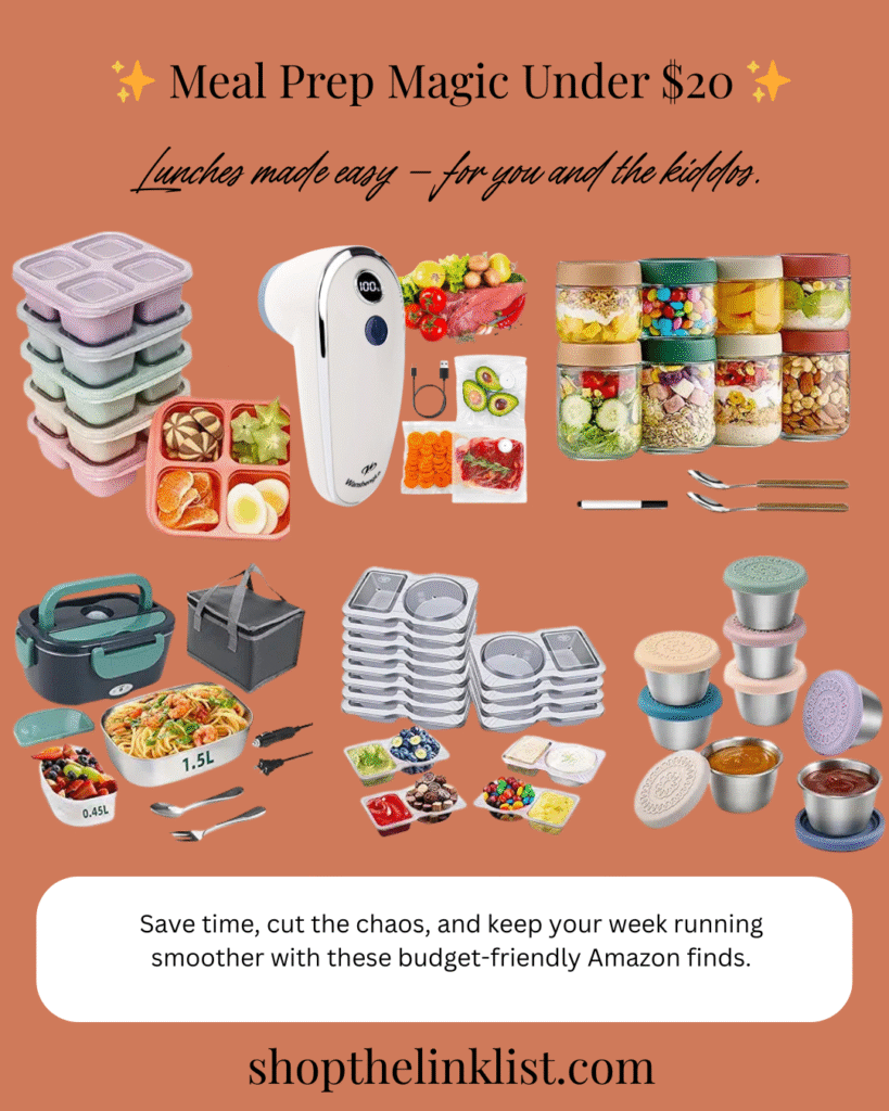 Meal Prep Under $20 carousel cover with salmon background and bold text that reads ‘Meal Prep Magic Under $20 — Lunches made easy for you and the kiddos. Save time with these Amazon finds.