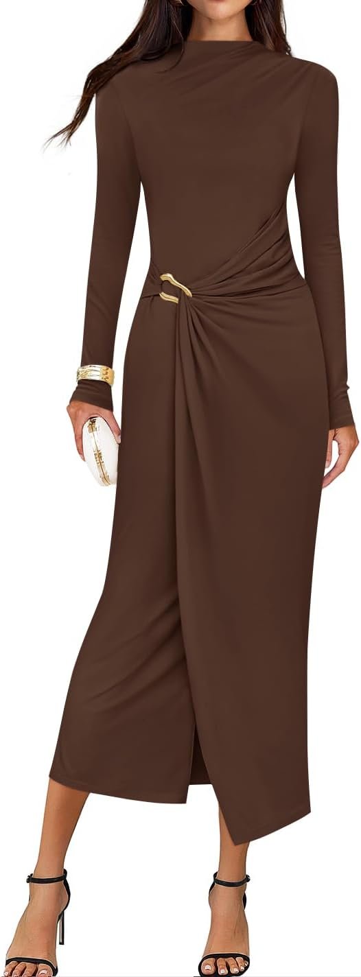 ZESICA Women's 2025 Fall Long Sleeve Bodycon Dress Mock Neck Party Cocktail Wedding Guest Long Midi Dresses