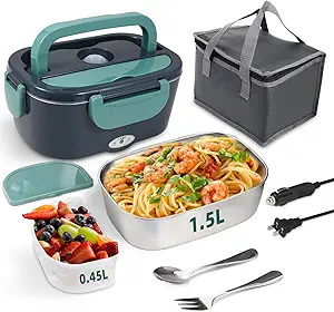 Meal Prep Under $20 Electric Lunch Box Food Heater, 80W Portable Warmer for Car Truck Work with 304 Stainless Steel Container, 12V/24V/110V Green Heated Lunch Box Suitable for Ideal Driver/Work/Gift
