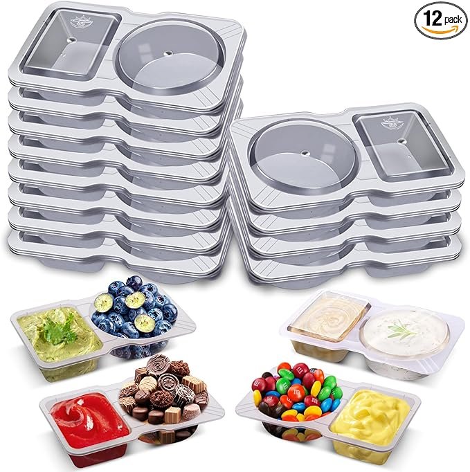 Meal Prep Under $20 12 Sets Leakproof Dual Compartment Condiment Container with Lid, Reusable Sauce Containers, Dishwasher Safe, Small Organizer Box for Dipping Sauce, Salad Dressing, Lunch Box & On-the-Go