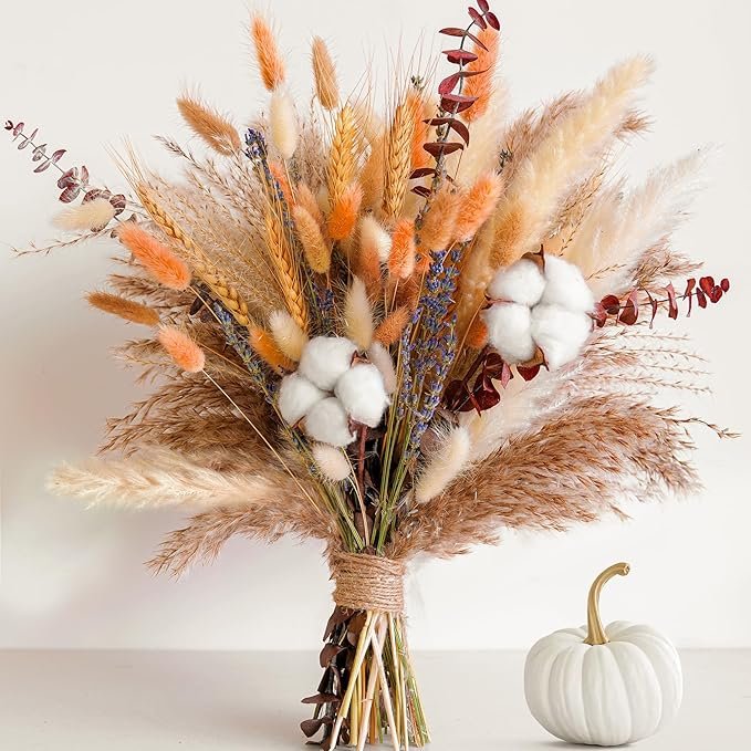 Fall Dried Flower Bouquet – Boho Fall Decor with Pampas Grass, Cotton, and Orange Bunny Tails – Autumn Floral Arrangement for Home, Mantel, or Vase – Fall Decorations for Home Indoor & Porch