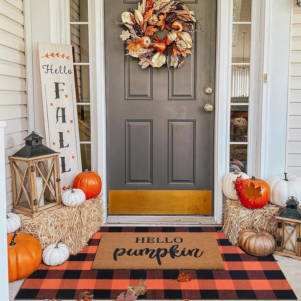 all Decor Doormat Combo Set, 100% Coco Coir Welcome Mat + 3' x 5' Orange and Black Plaid Rug - Fall Thanksgiving Front Porch Entryway Decor Floor Mat, Indoor Outdoors Autumn Mats Hello Pumpkin Amazon's Choice