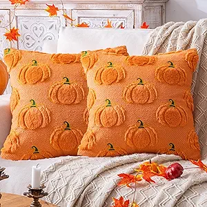 Fall Pumpkin Orange Throw Pillow Covers 18x18, Set of 2 Halloween Decorations Indoor Autumn Throw Pillows for Couch Sofa Holiday Decor