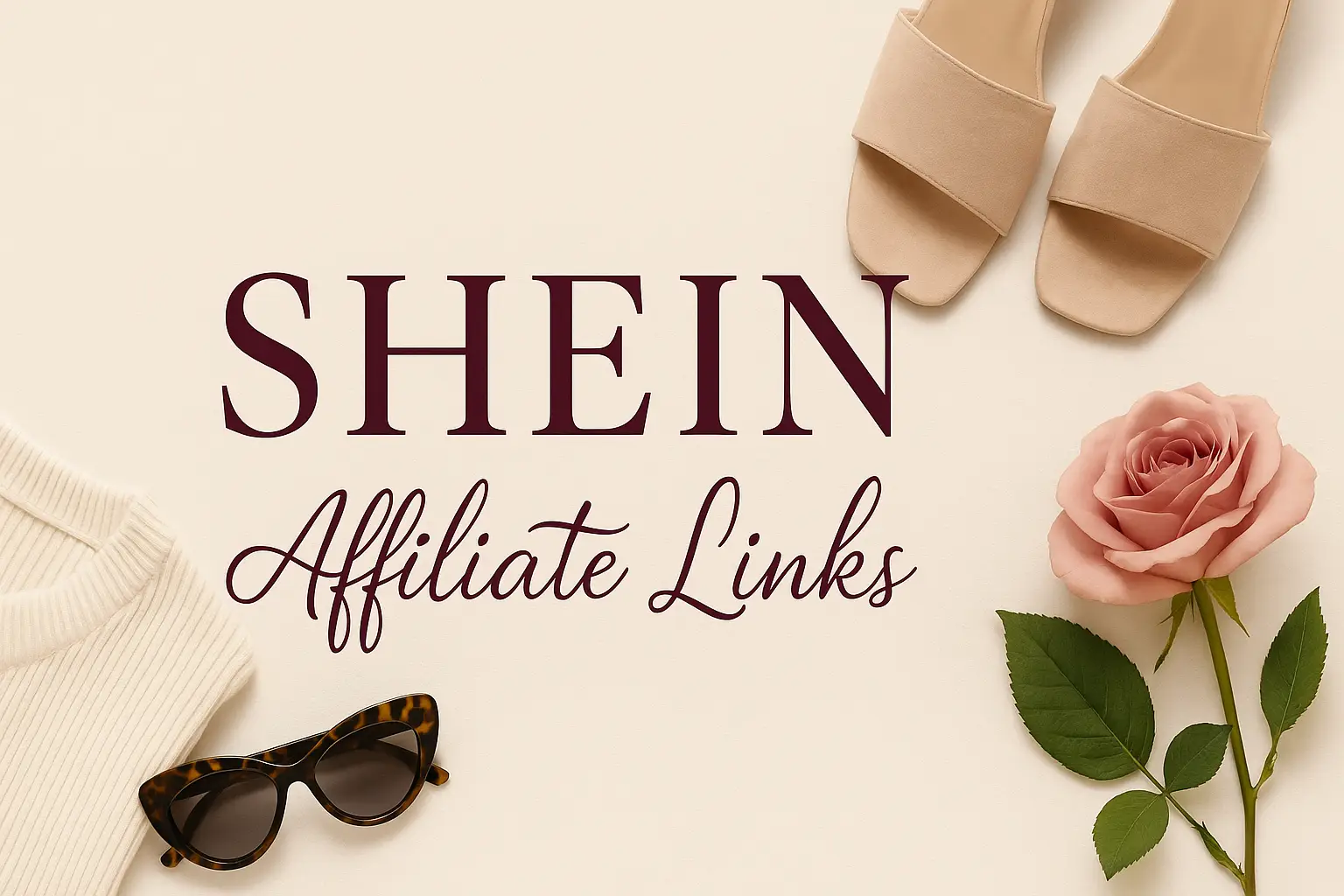 Chic SHEIN Affiliate Links banner with elegant blush rose, neutral sandals, cream sweater, and tortoiseshell sunglasses on a beige background featuring @shop.thelinklist branding.