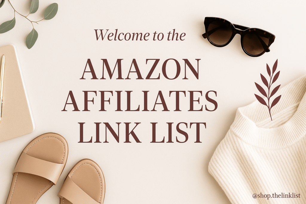 Chic Amazon Affiliate Links banner in blush beige with sunglasses, sandals, sweater, and notebook styled in Tuscan Romance brand colors for @shop.thelinklist.