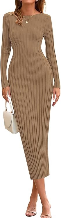 PRETTYGARDEN Womens Sweater Dress Fall 2025 Casual Boat Neck Long Sleeve Pullover Ribbed Knit Bodycon Maxi Sweater Dresses